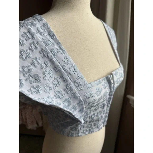 Koch Light Blue Floral Cropped Square Neck Flutter Sleeve Blouse S - Picture 2 of 6